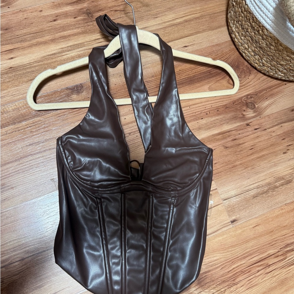 Windsor Brown Faux Leather Halter Top
